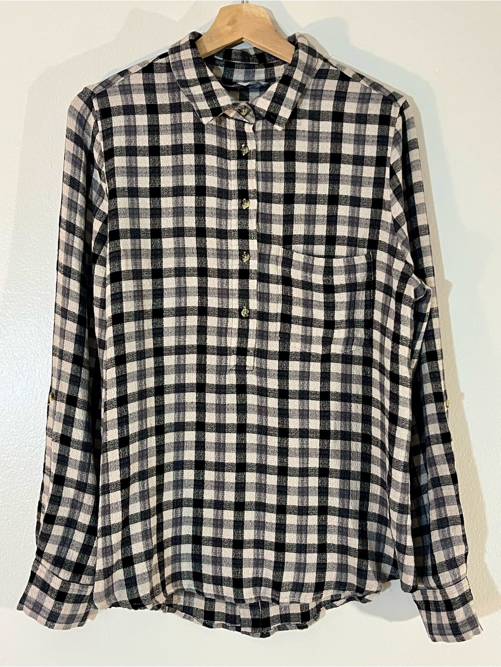 pistola Plaid Quarter Button Down Black and Cream Blouse size M